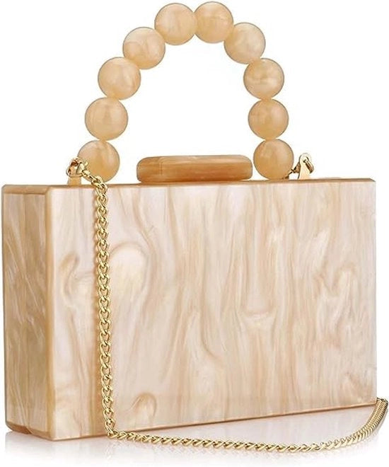 Borsa a mano in acrilico per donna con catena e chiusura a forma di perla, abbracciocorpo per evento formale