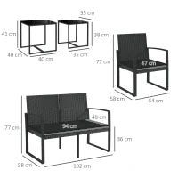 Set da Giardino con 2 Sedie, Divanetto e 2 Tavolini con Cuscini e Piano in Vetro, Nero