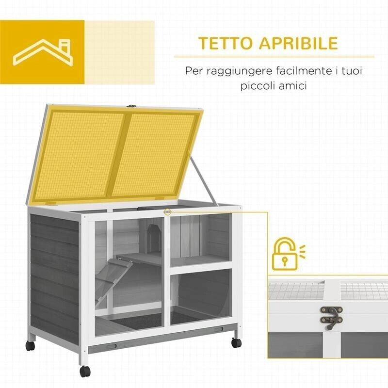 CONIGLIERA IN LEGNO 2 LIVELLI GABBIA PER CONIGLI E PORCELLINI D'INDIA