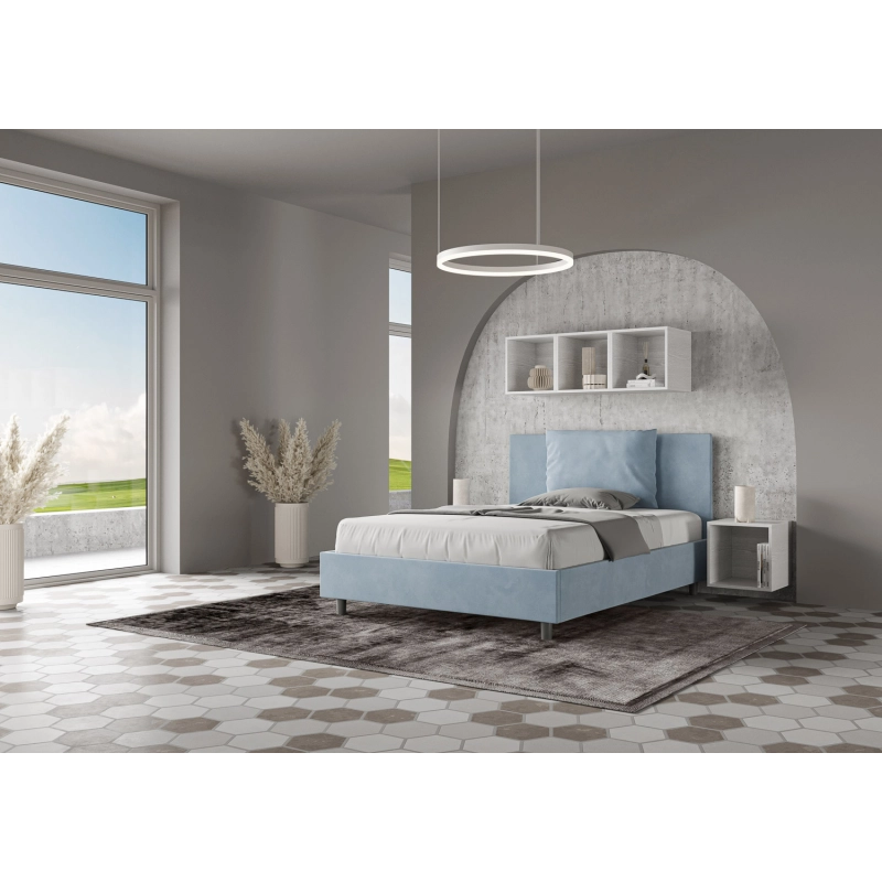 Letto imbottito Matrimoniale francese 140x200 cm Antea - Con rete,Microfibra,Azzurro