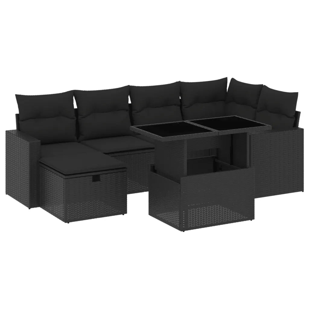 Set Divani da Giardino con Cuscini 7pz Nero Polyrattan