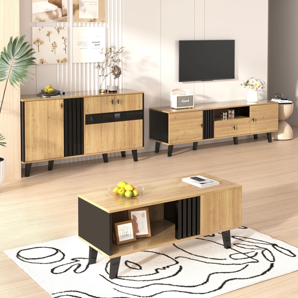 Sideboard 140x78,5x41 cm in legno e nero con ante, LED e ripiani interni