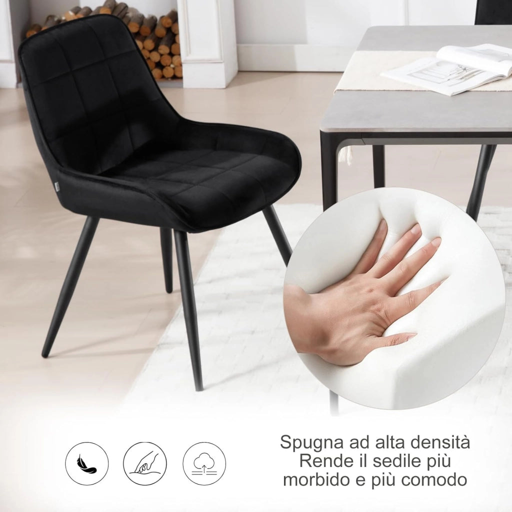 Set di 2 Sedie da Pranzo con Schienale Curvo, Sedie Ergonomiche in Velluto e Metallo, Poltroncina imbottita per Salotto, Ufficio, Camera da Letto, Nero BH331sz-2