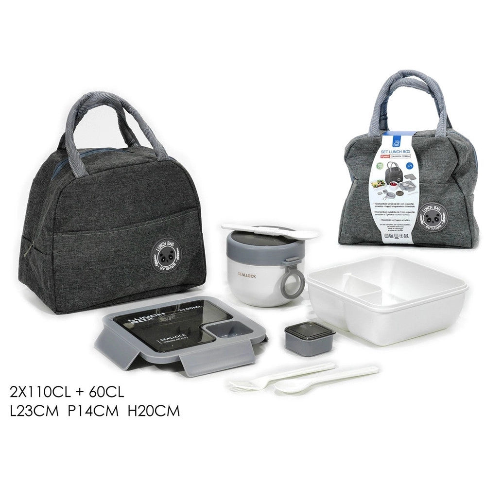 Trade Shop - Set Lunch Box Con Borsa Termica Contenitori Posate 6pz Per Pranzo Ufficio Scuola Campeggi -