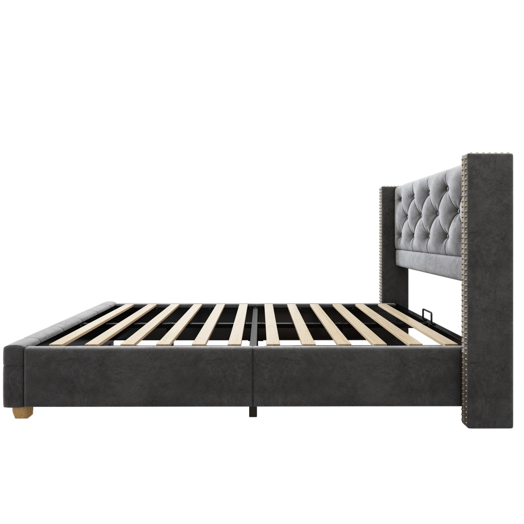 Letto Singolo 90 x 200 cm con Testiera Imbottita; Borchie Decorative e Piedini in Legno; senza Materasso; Grigio