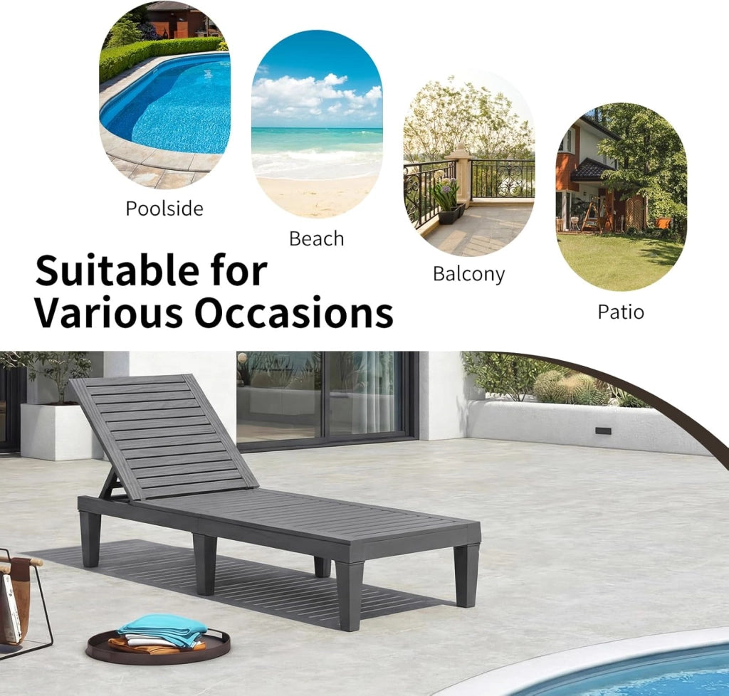 Sedia a sdraio con schienale regolabile su 5 livelli, sedia in PP con braccioli, supporto fino a 180 kg, seduta reclinabile con 6 gambe per giardino, patio, spiaggia, 190 x 57,5 x 29 cm