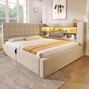 OKWISH Letto Contenitore 140×190 cm, Letto Matrimoniale con LED, USB, Tipo C e Testiera a L, senza Materasso, in Lino, Beige