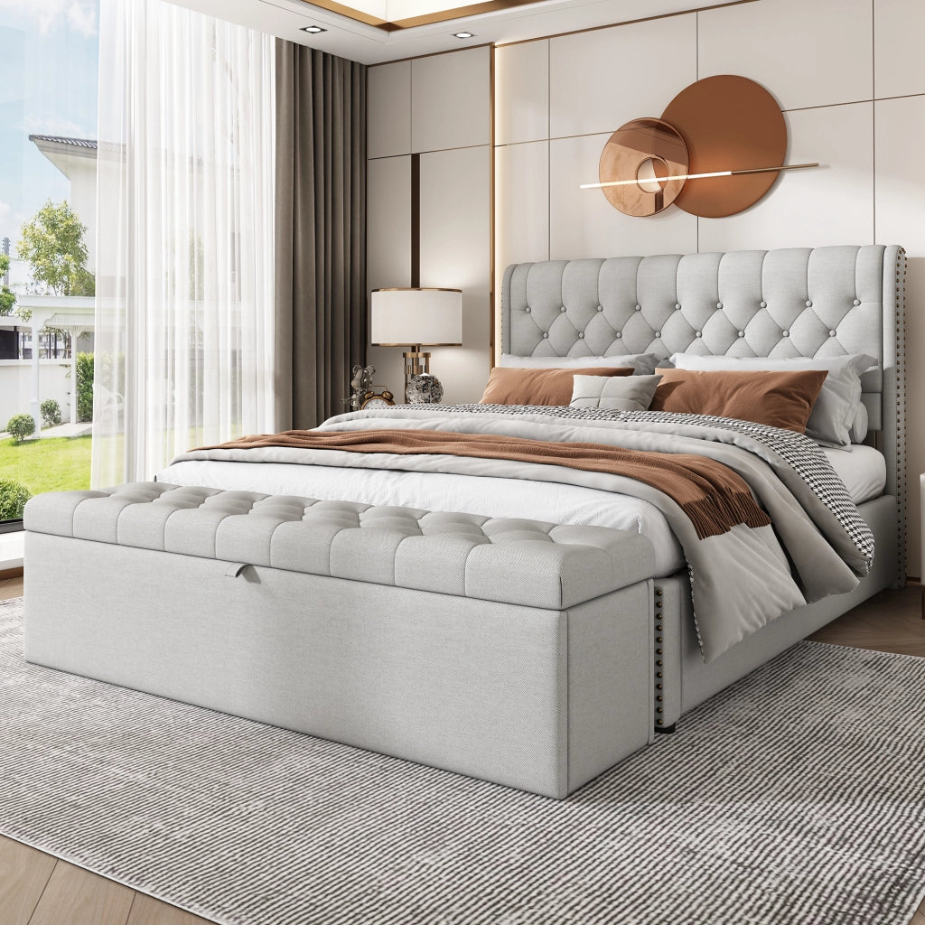 Panca Contenitore con Seduta Imbottita; Grande Capacità; Design Europeo Elegante; in Lino Grigio Chiaro