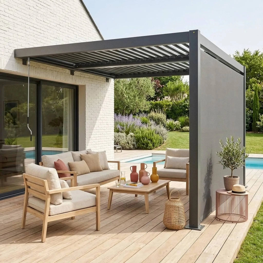Pergola bioclimatica in alluminio addossata 3x3m + tenda 3m ,