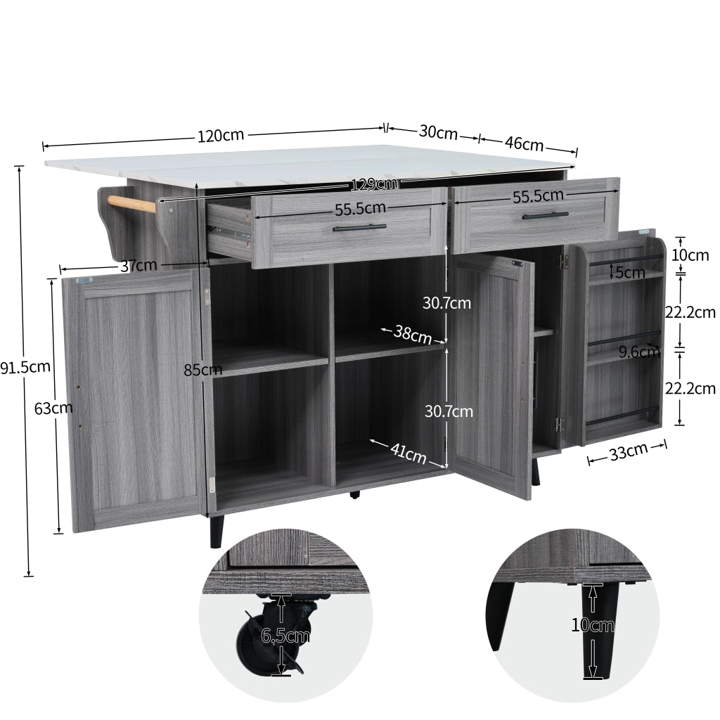 Carrello da cucina con 2 cassetti e 3 vani; piano estensibile; porta asciugamani e ruote in MDF per cucina