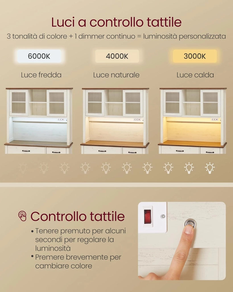 VASAGLE Credenza Cucina con Luce e Multipresa, Mobile Dispensa Cucina con Ante e Cassetto, 39,5 x 106,5 x 180,6 cm, con Ripiani Regolabili, Stile Farmhouse, Bianco Vintage e Marrone Miele BBK391W02