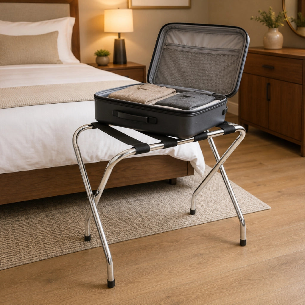 Portavaligie Pieghevole in Acciaio Cromato, Reggivaligia con 4 Cinghie Resistenti, Portata 50 kg, Salvaspazio per Camera da Letto, Hotel e B&B, 68 x 41 x 53,5 cm