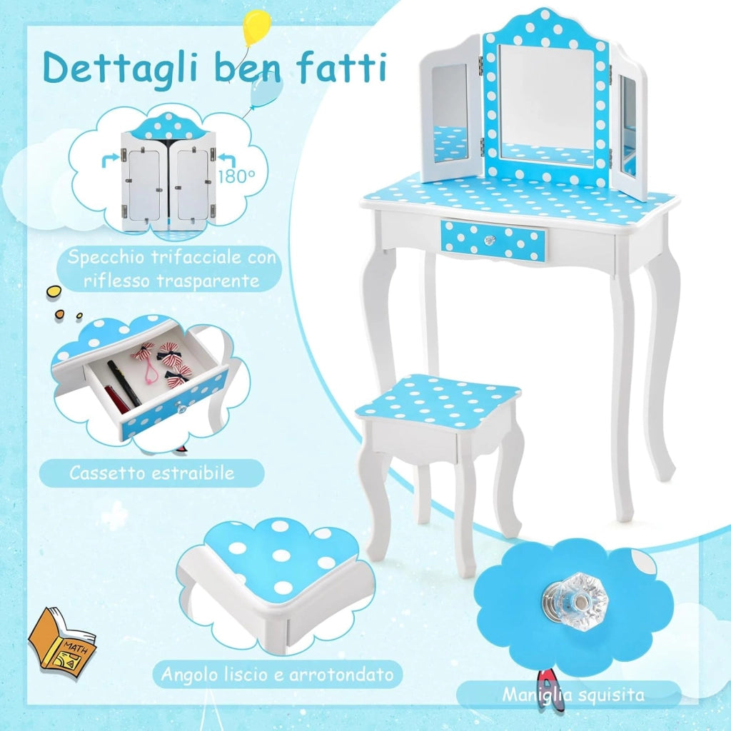 2 in 1 Toeletta Trucco per Bambina 3+ Anni, Specchiera Trucco Bambina in Legno con Sgabelllo e Cassetto, Ideale per Cameretta, 60 x 27,5 x 97,5 cm (Blu + Bianco)