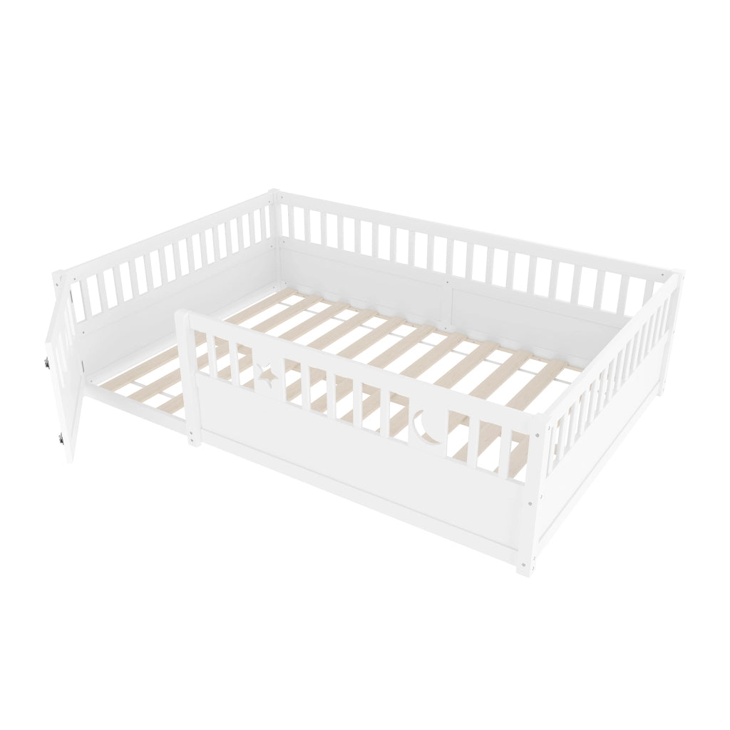 OKWISH Letto con Barriera 140×190 cm, Letto Matrimoniale con Barriera con Blocco, Decorazioni Stella e Luna, senza Materasso, Pino, Bianco
