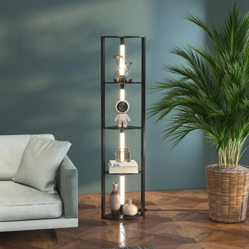 Lampada da terra LED nera con 4 ripiani, 3 livelli di luminosità, struttura in MDF