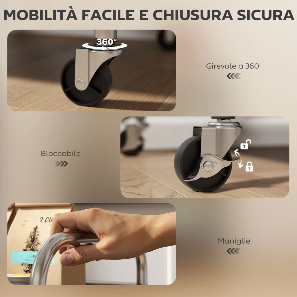 Carrello Multiuso a 4 Livelli con Ripiano Centrale Regolabile e Bordi Rialzati. in Acciaio Inox. 60x35x77 cm