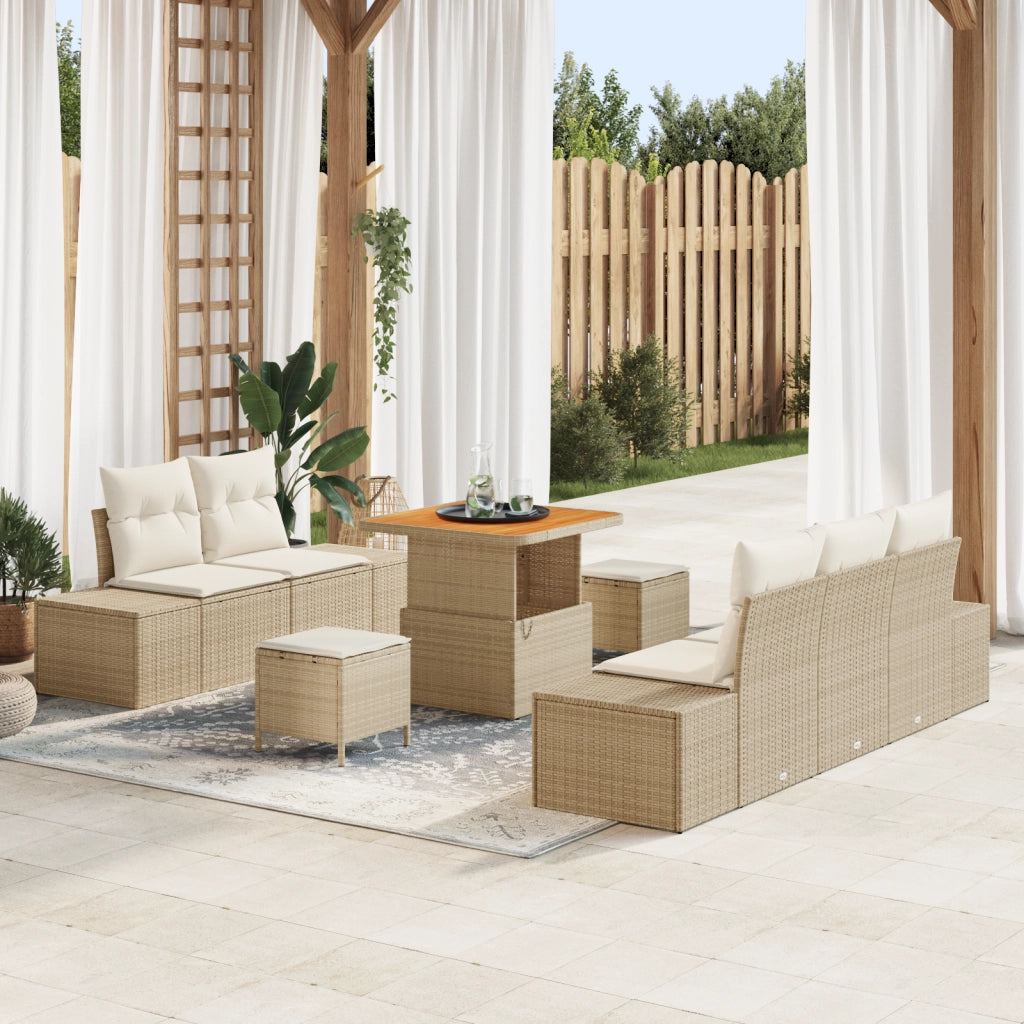 Set Divano da Giardino 8 Pezzi con Cuscini Beige Polyrattan Acacia