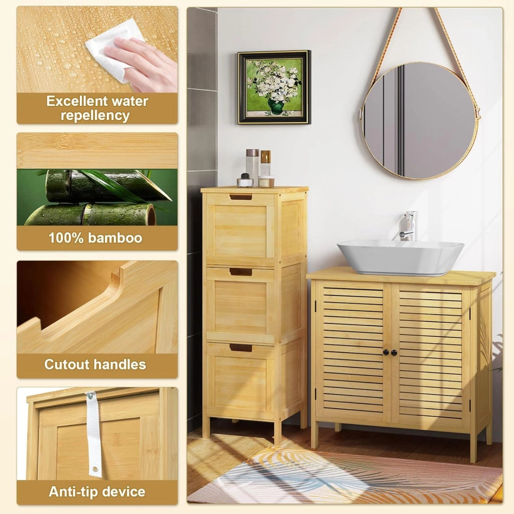 Mobile da Bagno Autoportante, Mobiletto con 3 Cassetti Estraibili, in Bamb, 30x30x90cm, Colore Naturale per Salotto, Camera da Letto, Cucina