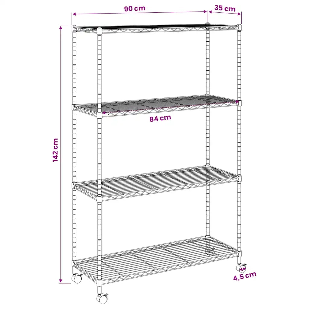 Scaffale a 4 Livelli con Ruote 90x35x142 cm Nero 200 kg CFW4720061