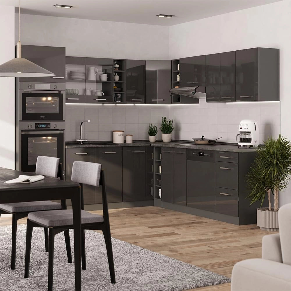 Cucina angolare completa R-Line, Antracite lucido, 247 x 60 cm, PL Antracite, per una pianificazione cucina flessibile e un'estensione modulare