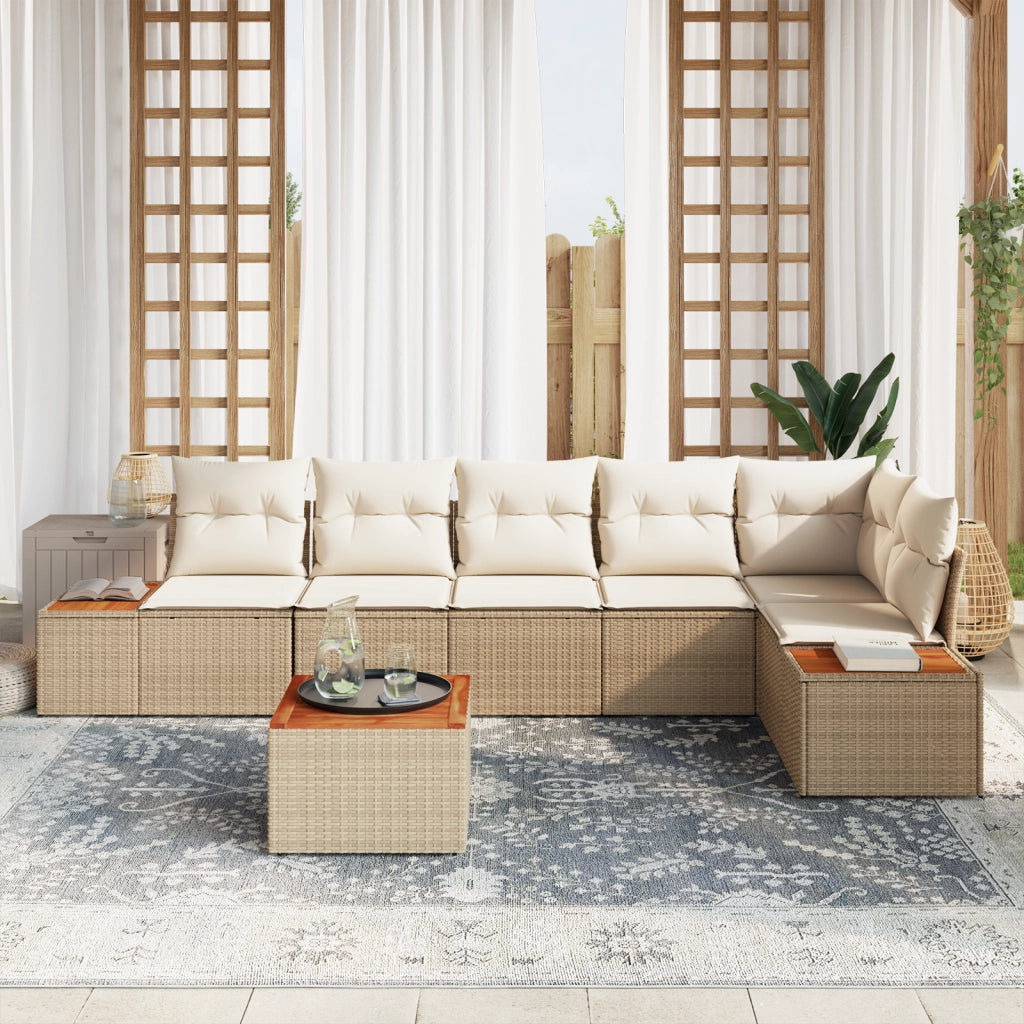 Set di divano da giardino  da 7 pezzi con cuscini Beige Polirattan Acacia