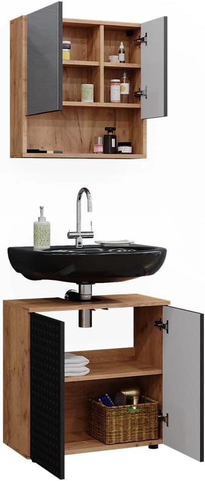 Set mobili bagno Irma, Antracite puntinato, 80 cm, composto da specchio da bagno e mobile sottolavabo