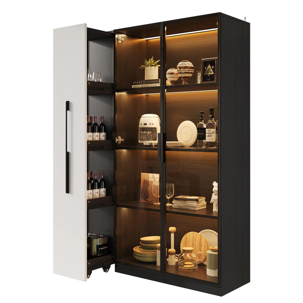Vetrina con 1 Anta in Vetro; 1 Modulo Laterale e LED per Soggiorno o Sala da Pranzo in MDF 110;5×35×160 cm Nero