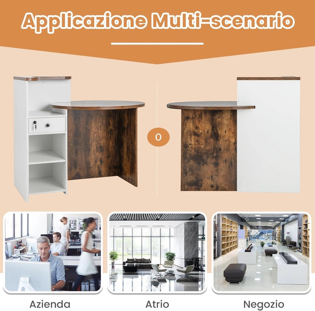 Banco Reception a Forma di L, Bancone per Cassa con Ripiano Regolabile e Cassetto Bloccabile, Piano Ovale, per Negozio, Salone e Ufficio, 120 x 55 x 100 cm (Marrone Rustico+Bianco)