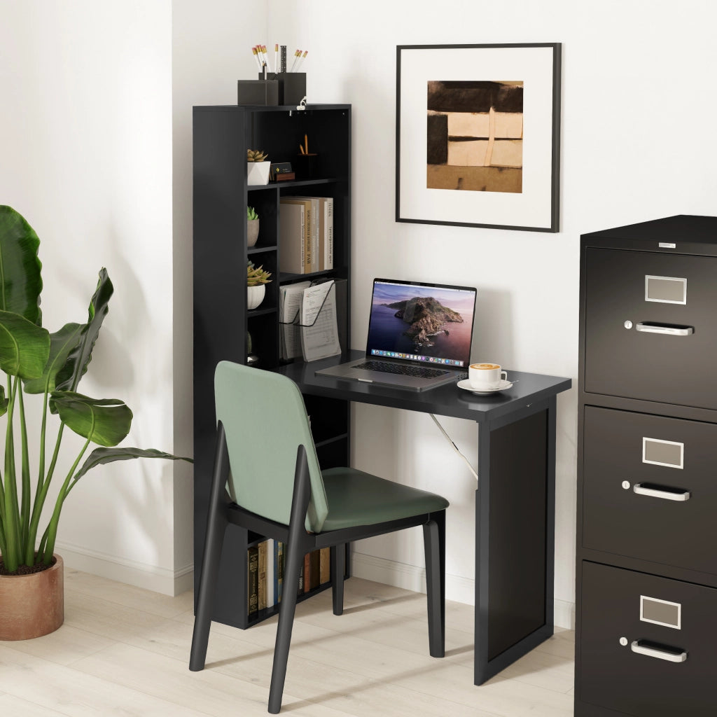 Mobile Libreria con Scrivania Salvaspazio Pieghevole 98x51x153 cm in Legno e MDF Nero