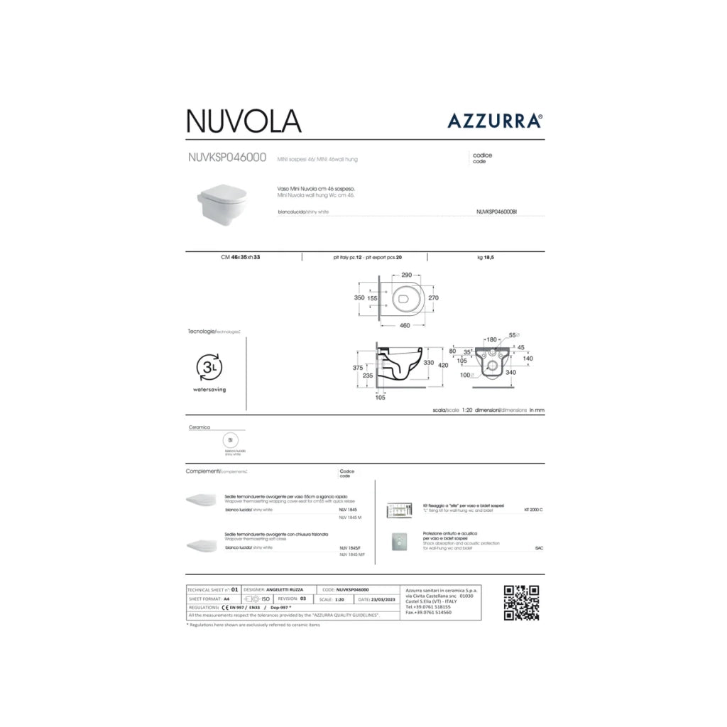 Coppia Di Sanitari Azzurra Ceramica Sospesi Bianco Lucido "Mini Nuvola"