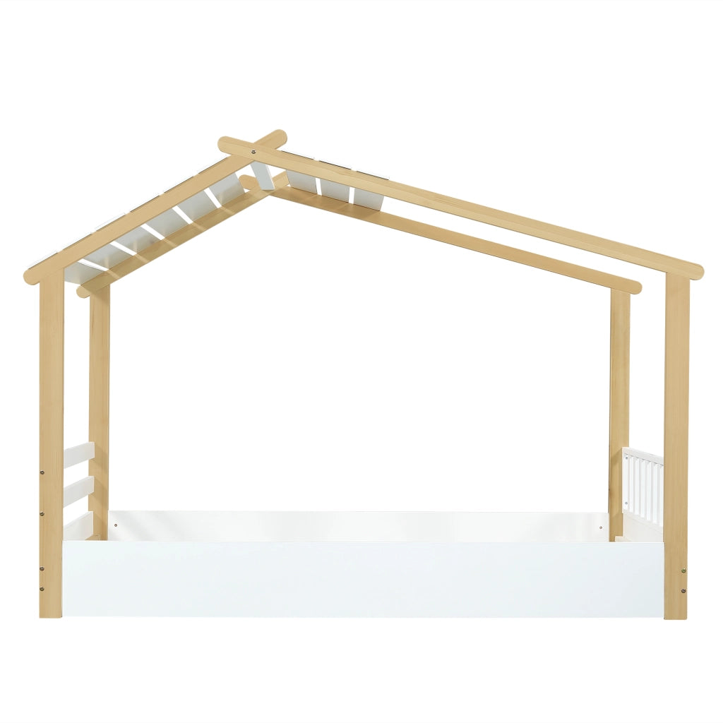 Letto Casetta 90x200 cm con Rete a Doghe - in Legno Massello e MDF - Bianco e Naturale