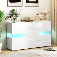 Credenza Moderna con LED Regolabile con Telecomando, 4 Cassetti e 2 Armadietti, 120x34x70 cm, Bianco
