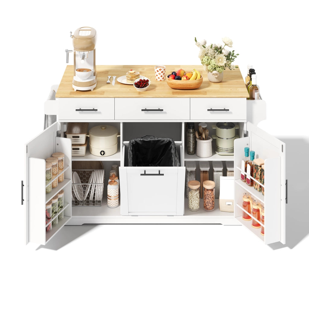 Carrello da cucina con 3 cassetti; 2 vani e vano porta rifiuti con piano ribaltabile per cucina