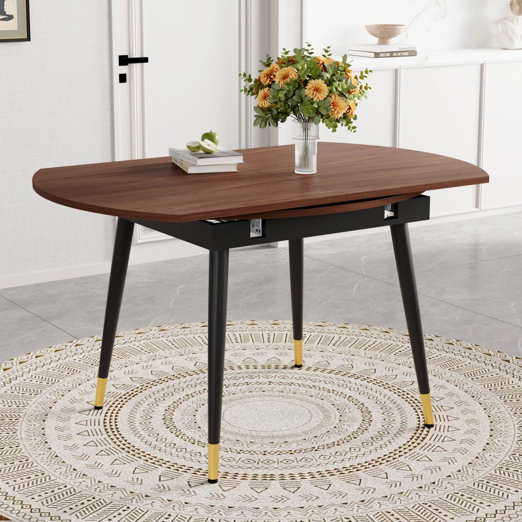 Tavolo da pranzo - estraibile da rotondo a ovale - MDF nero/noce - gambe oro - salvaspazio - per cucina e sala