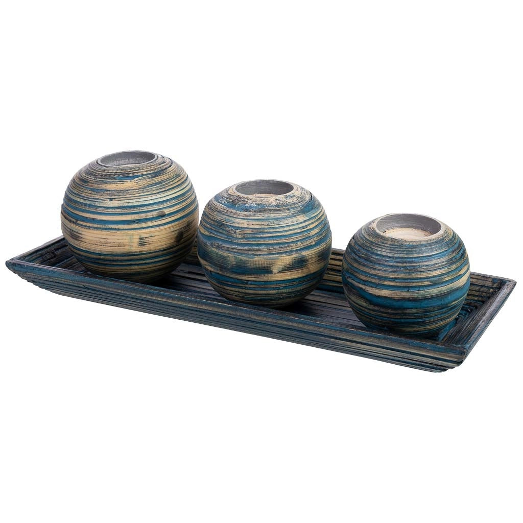 Set vassoio e 3 portacandele in legno di bambù blu 33x13x3h cm