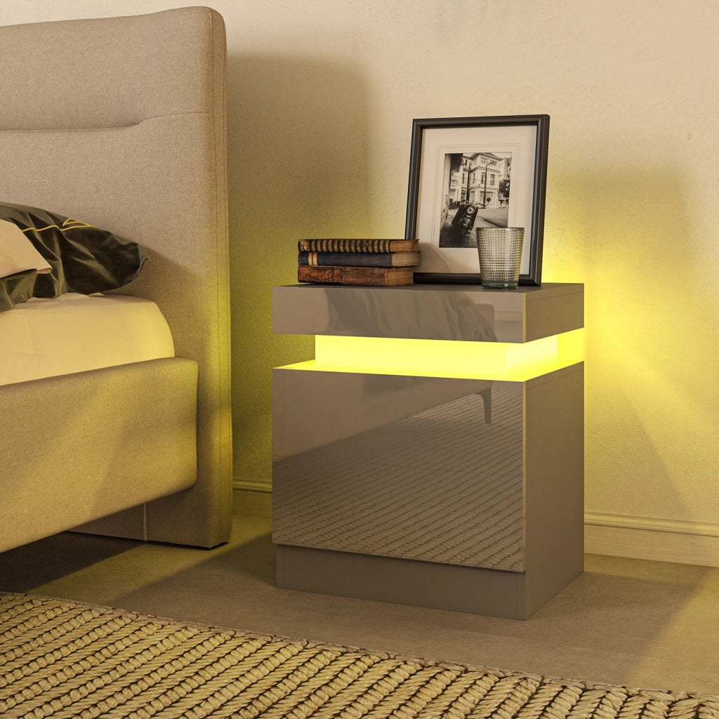 Comodino con LED e APP ¨C Xylo ¨C 2 cassetti grigio 45x35x52 cm