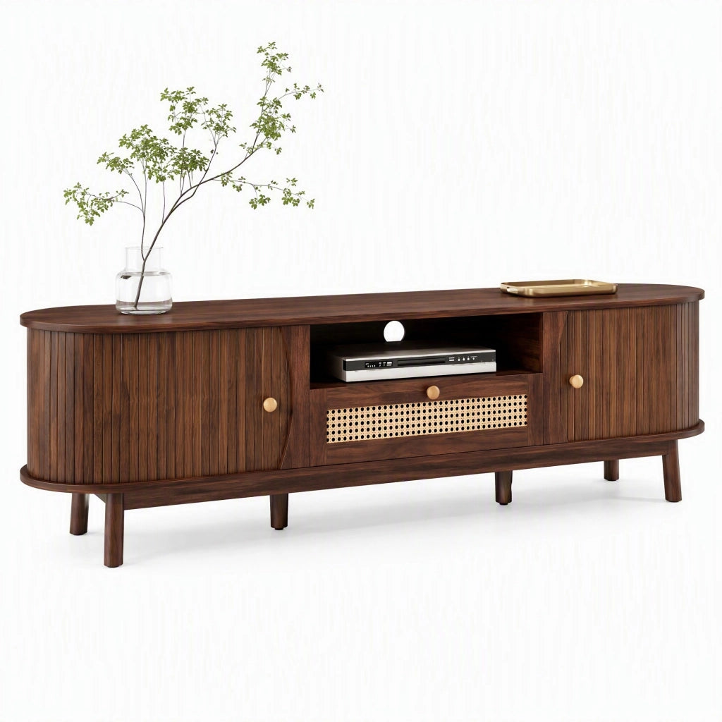 Mobile TV in MDF color noce con ante scorrevoli e cassetti in rattan