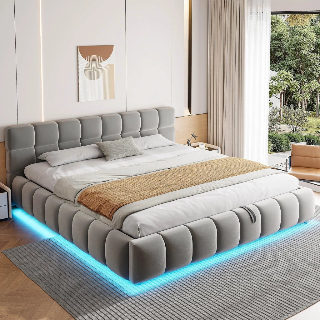 Letto contenitore capitonné con LED multicolore e vano idraulico LEMONMAX; 180x200 cm; testiera imbottita; velluto; grigio
