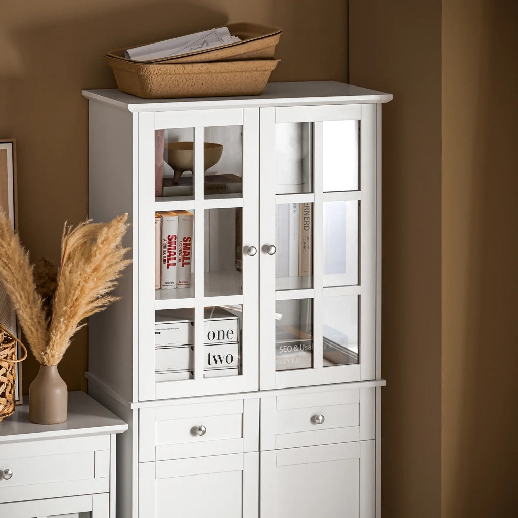 Credenza Alta Per Cucina Mobile Buffet In Legno Con 6 Scomparti E 2 Cassetti Armadio Dispensa In Stile Moderno Bianco 75x40x175cm FSB76-W