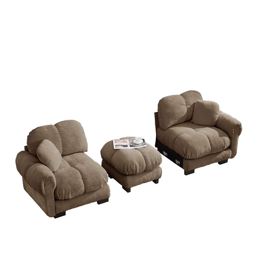 Divano angolare modulare 2 posti con pouf mobile e cuscini trapuntati in chenille marrone