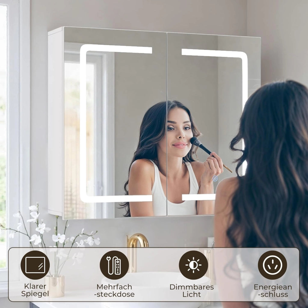 Armadio da bagno con specchio e illuminazione a LED, dimmerabile, con sensore di contatto,presa elettrica, ripiani regolabili,doppia porta in MDF di alta qualità,70X16X60CM,Bianco