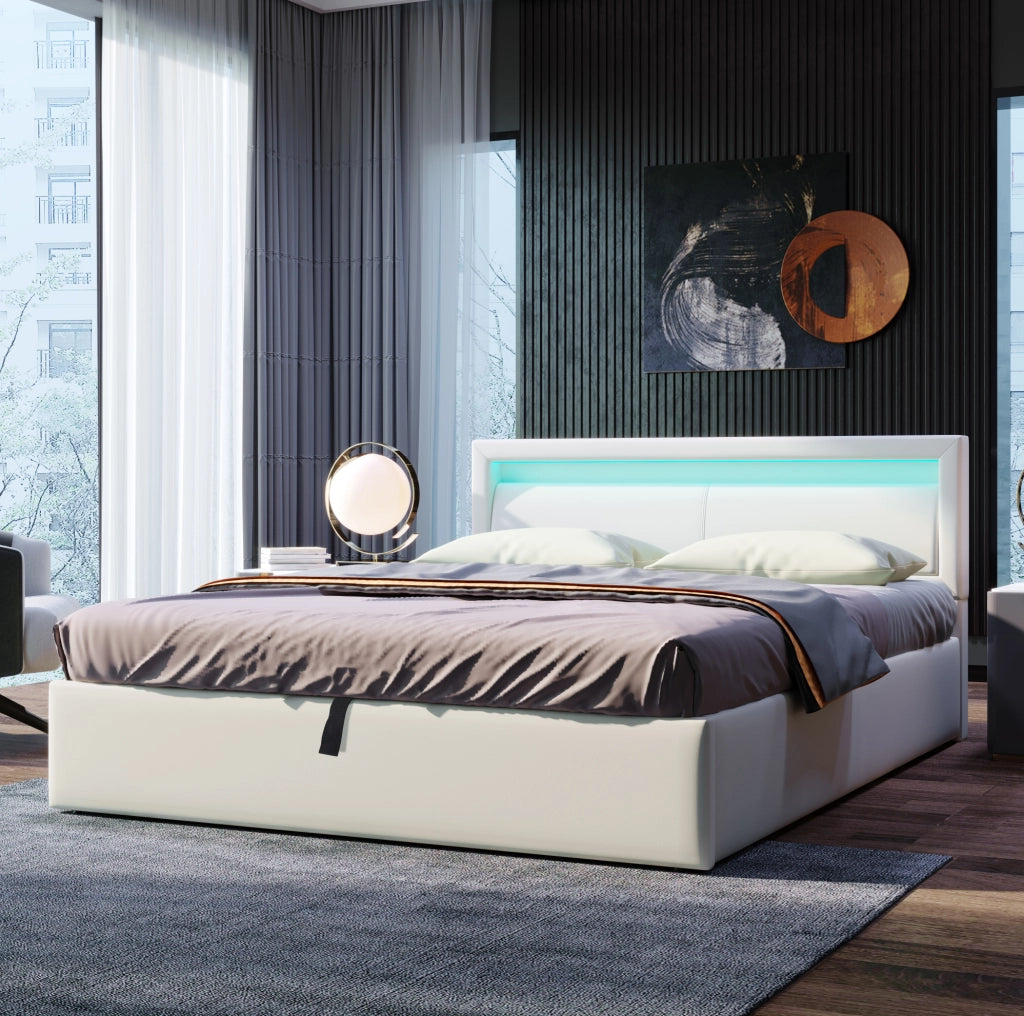 Letto imbottito con luce LED e contenitore 140 x 200 cm bianco