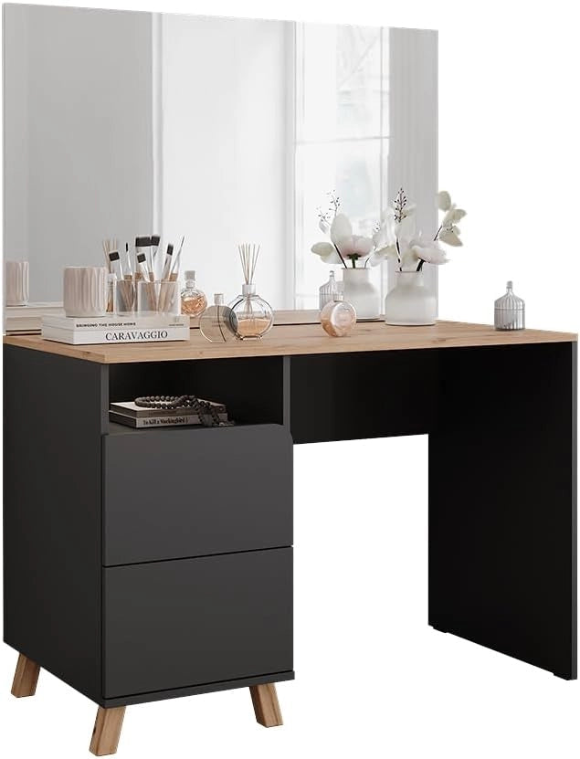 Tavolo da toeletta Karen, Antracite/Artisan, 110 cm con specchio, Materiali robusti per un utilizzo duraturo