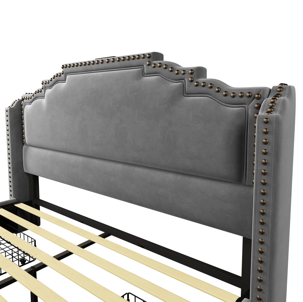 Letto matrimoniale 140x200 cm in velluto grigio con 4 cassetti; LED e porte USB-Type C