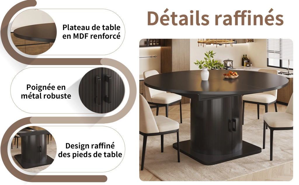 Tavolo da pranzo allungabile con contenitore, piano MDF nero, ripiani estraibili e portabicchieri