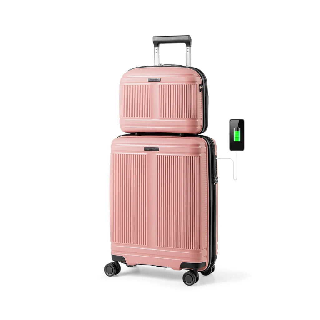 Set di valigie da 2 pezzi: valigia da cabina 50 x 22,5-25,5 x 39,5 cm e beauty case 35 x 15,5 x 27 cm con porta USB e lucchetto TSA in PP rosa 20_0011832