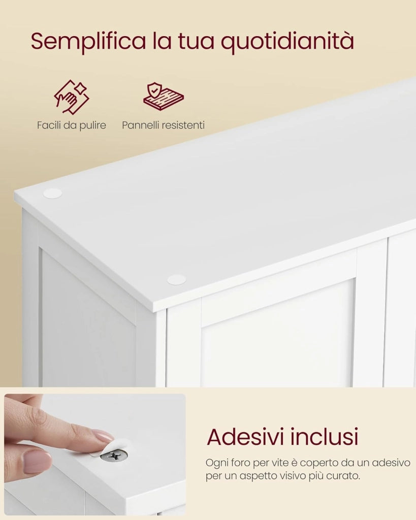 VASAGLE Mobiletto da Bagno, Armadietto con 2 Ripiani Regolabili, Portaoggetti con 4 Ante, Unità Alta Autoportante, per Cucina, Bianco Nuvola BBC553WH01