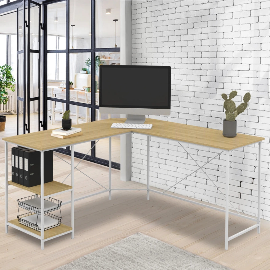 IDMarket - DETROIT Escritorio esquinero de diseño industrial en forma de L de madera y metal blanco