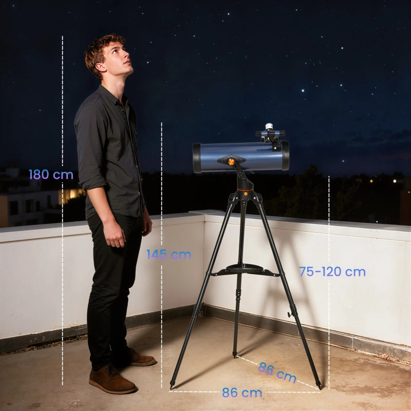 Telescopio riflettore, obiettivo da 114 mm, 2 oculari, cercatore, alluminio, blu scuro