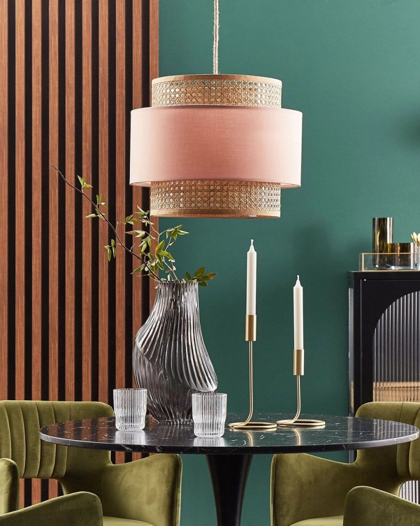 Lampada a sospensione rosa rattan naturale paralume in poliestere boho illuminazione lampadario